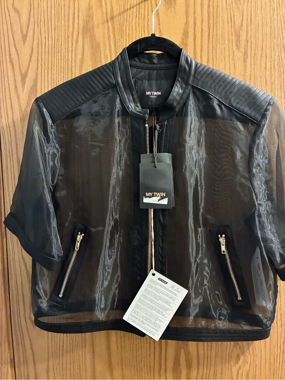 Twinset Mesh and Faux Leather Short Sleeve Jacket